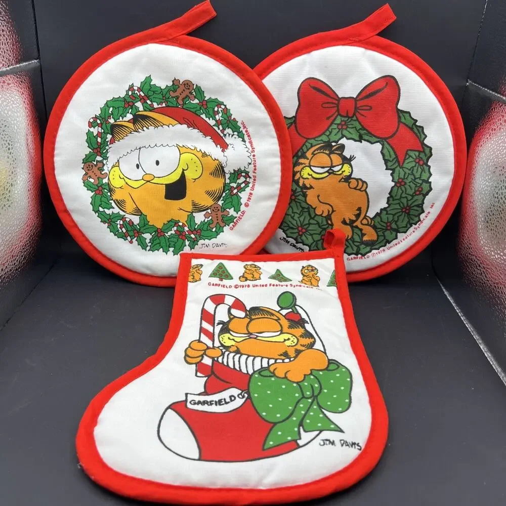 3 VTG 1978 Garfield The Cat Jim Davis “Christmas Holly” Potholder White Red EUC